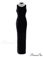 Sexy Black Velvet Halter Neck Pearl Chain Long Dress Maxi Christmas Party Dress