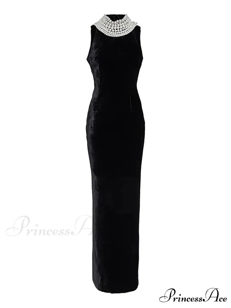 Sexy Black Velvet Halter Neck Pearl Chain Long Dress Maxi Christmas Party Dress