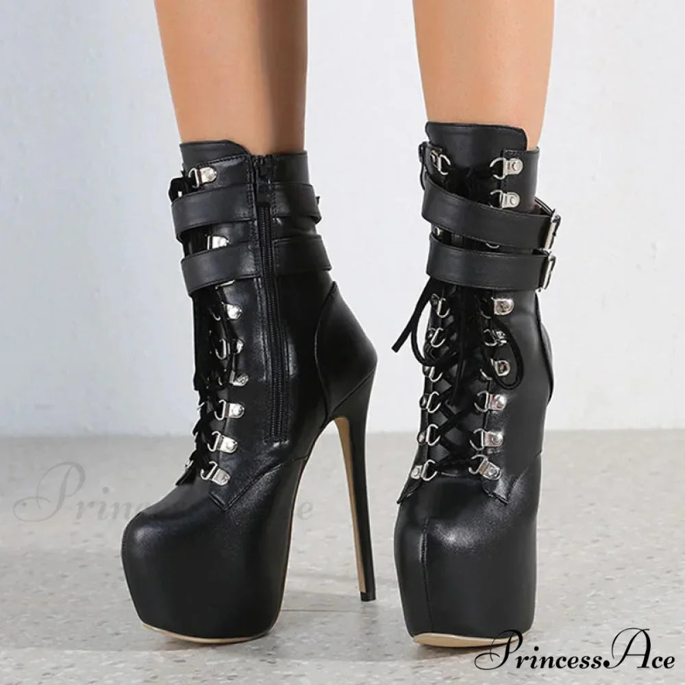 Sexy Buckle-Strap 16.5CM Extreme High-Heels Platform Boots Round-Toe Lace-Up Party Club Stripper High Heel