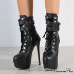 Sexy Buckle-Strap 16.5CM Extreme High-Heels Platform Boots Round-Toe Lace-Up Party Club Stripper High Heel