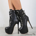 Sexy Buckle-Strap 16.5CM Extreme High-Heels Platform Boots Round-Toe Lace-Up Party Club Stripper High Heel