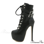 Sexy Buckle-Strap 16.5CM Extreme High-Heels Platform Boots Round-Toe Lace-Up Party Club Stripper High Heel