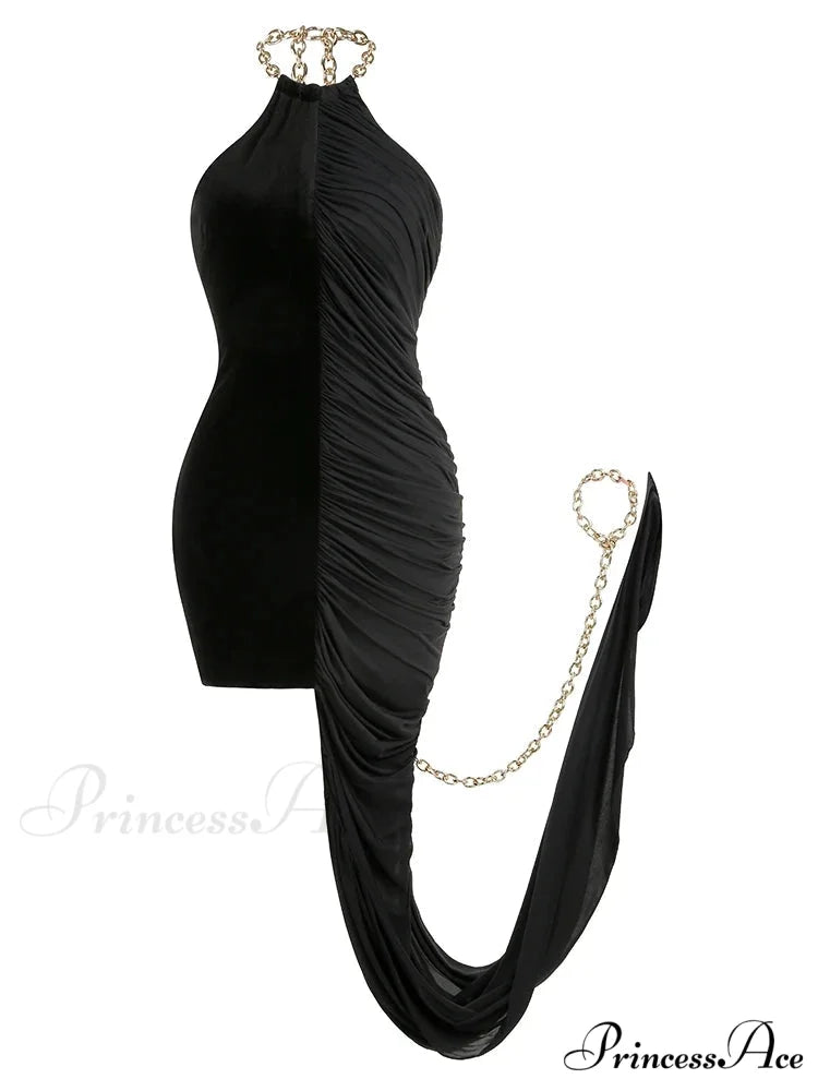 Sexy Chain Halter Neck Patchwork Flods Black Sleeveless Backless Evening Christmas Party Dress