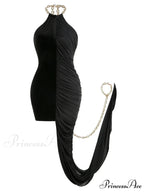 Sexy Chain Halter Neck Patchwork Flods Black Sleeveless Backless Evening Christmas Party Dress