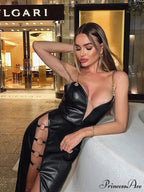 Sexy Chain Spaghetti Strap Pu Leather Maxi Black Sleeveless Christmas Party Dress
