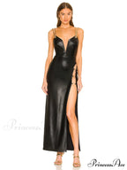 Sexy Chain Spaghetti Strap Pu Leather Maxi Black Sleeveless Christmas Party Dress