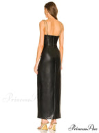 Sexy Chain Spaghetti Strap Pu Leather Maxi Black Sleeveless Christmas Party Dress