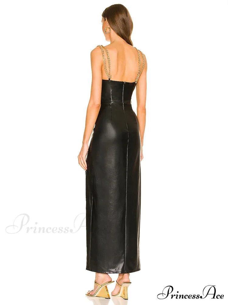 Sexy Chain Spaghetti Strap Pu Leather Maxi Black Sleeveless Christmas Party Dress