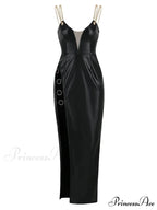 Sexy Chain Spaghetti Strap Pu Leather Maxi Black Sleeveless Christmas Party Dress