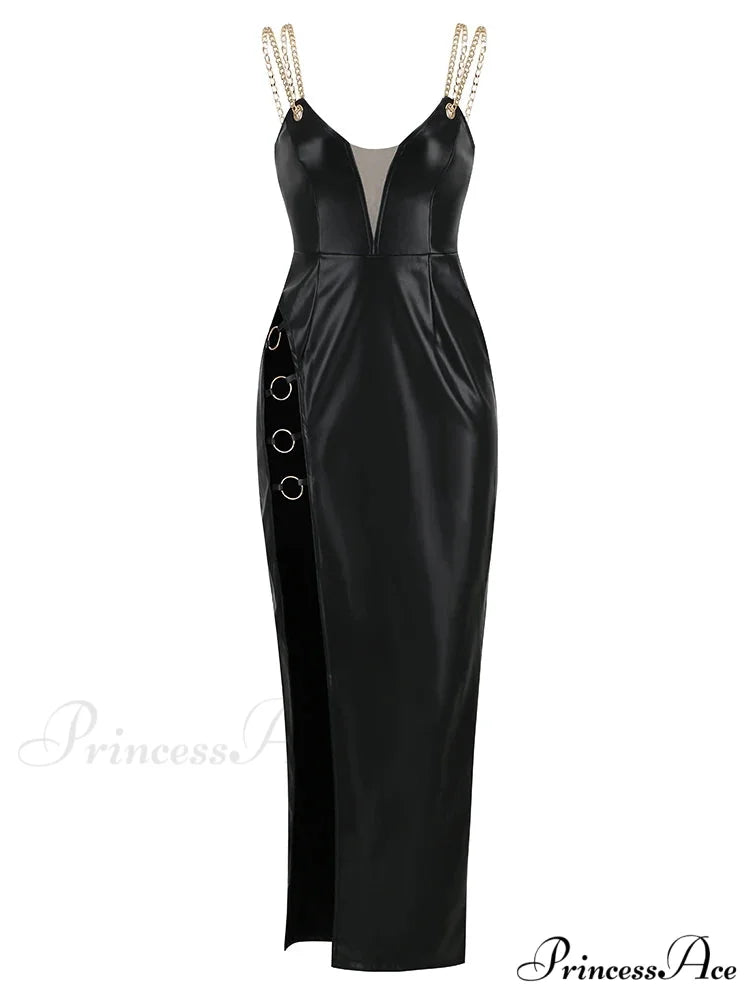 Sexy Chain Spaghetti Strap Pu Leather Maxi Black Sleeveless Christmas Party Dress