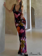 Sexy Deep V Lace Graceful Patchwork Printed Auspender Maxi Dress