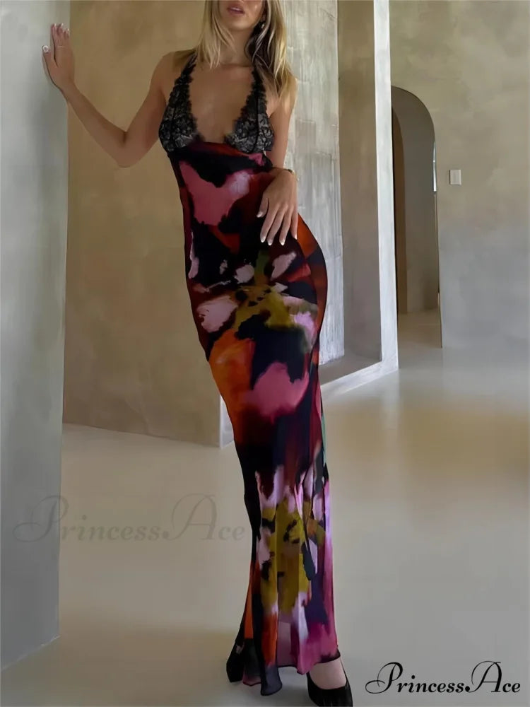 Sexy Deep V Lace Graceful Patchwork Printed Auspender Maxi Dress