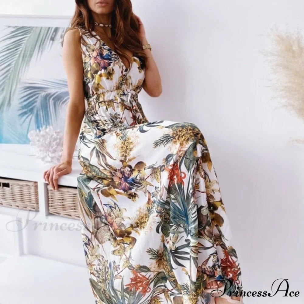 Sexy Deep V-Neck Ankle-Length Beach Party Dress