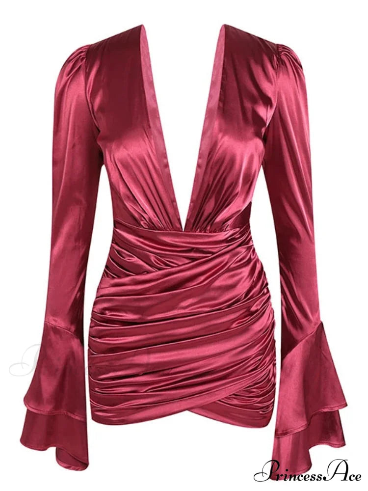 Sexy Deep V Neck Flare Sleeve Pleats Mini Backless Christmas Party Dress