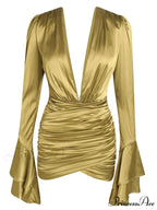 Sexy Deep V Neck Flare Sleeve Pleats Mini Backless Christmas Party Dress