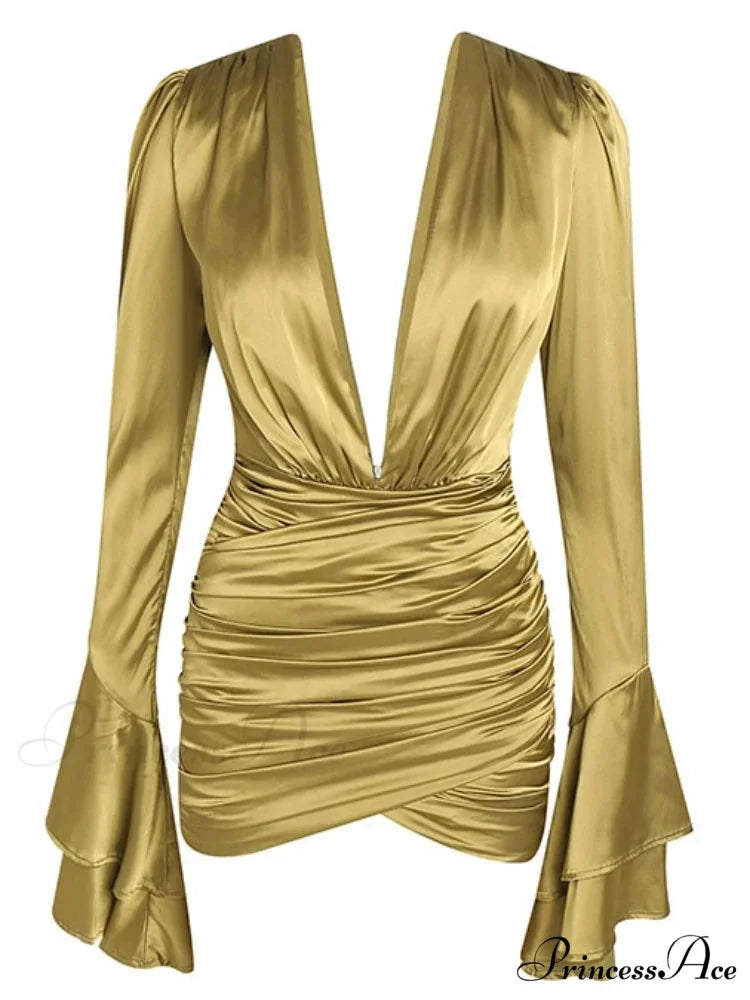 Sexy Deep V Neck Flare Sleeve Pleats Mini Backless Christmas Party Dress