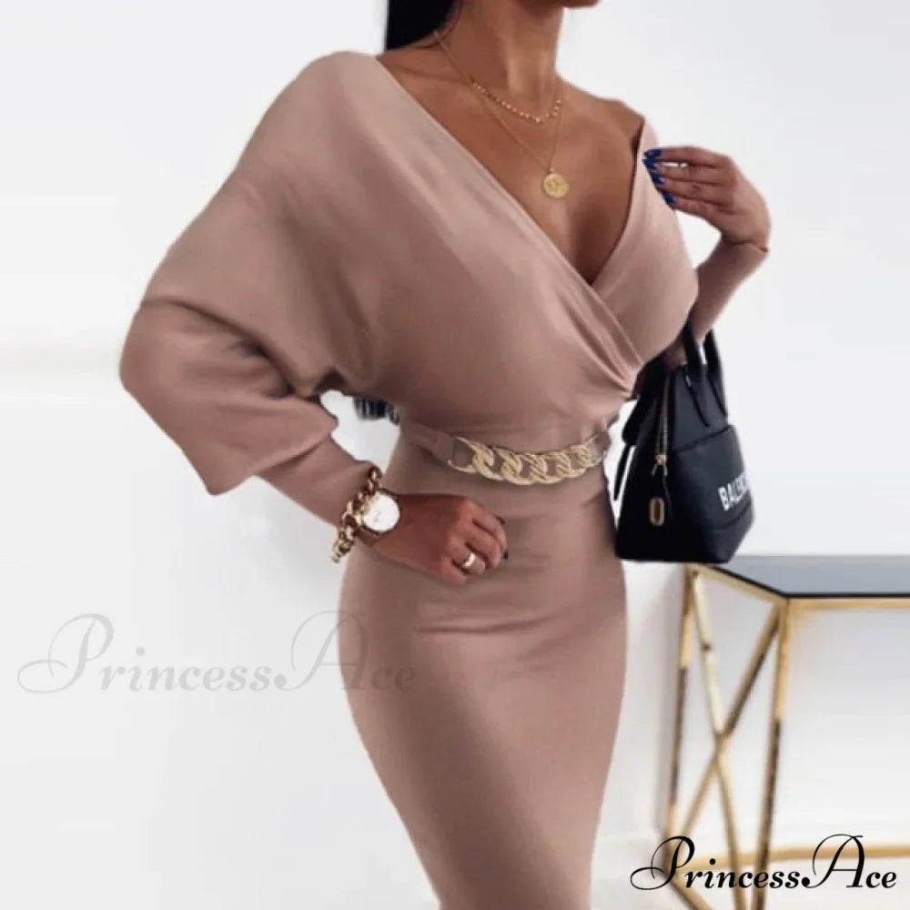 Sexy Deep V Neck Office Lady Long Sleeve Dress