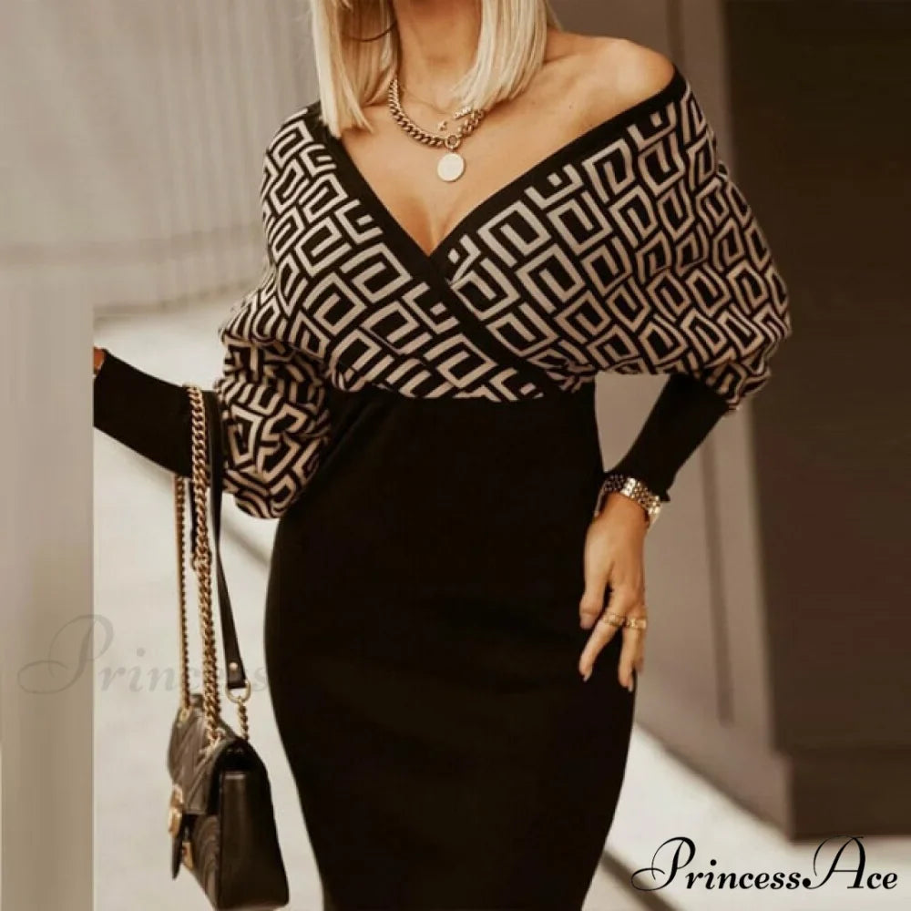 Sexy Deep V Neck Office Lady Long Sleeve Dress
