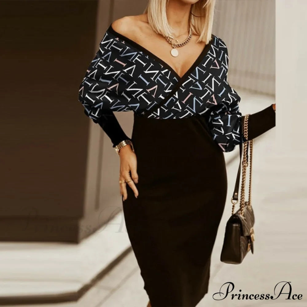 Sexy Deep V Neck Office Lady Long Sleeve Dress