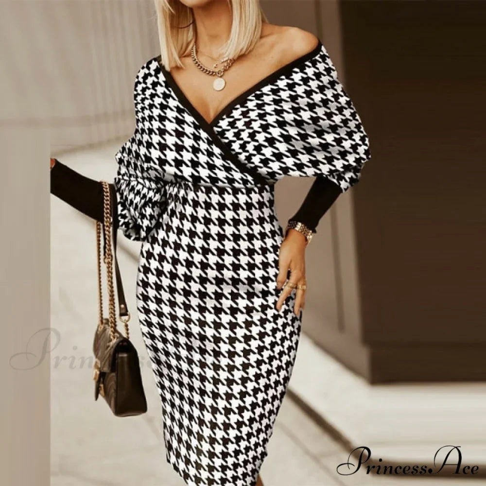Sexy Deep V Neck Office Lady Long Sleeve Dress