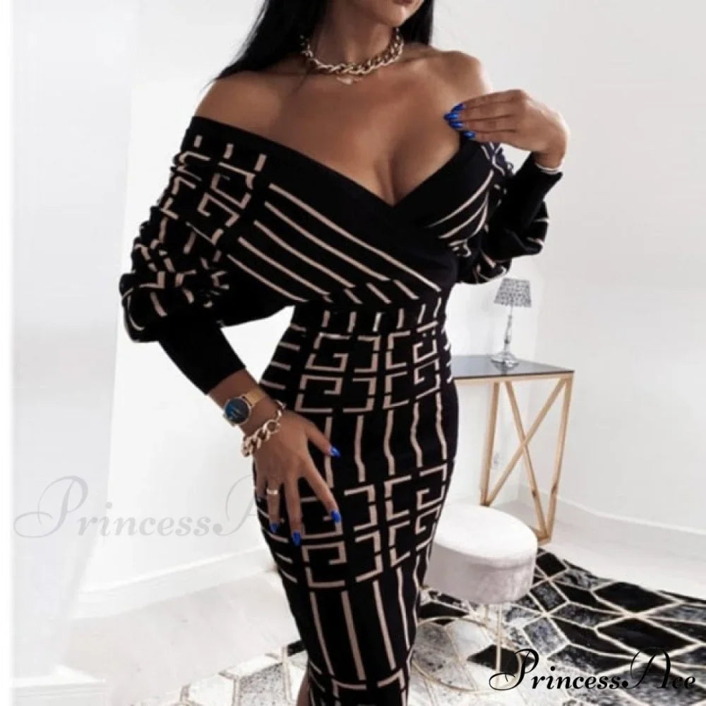 Sexy Deep V Neck Office Lady Long Sleeve Dress