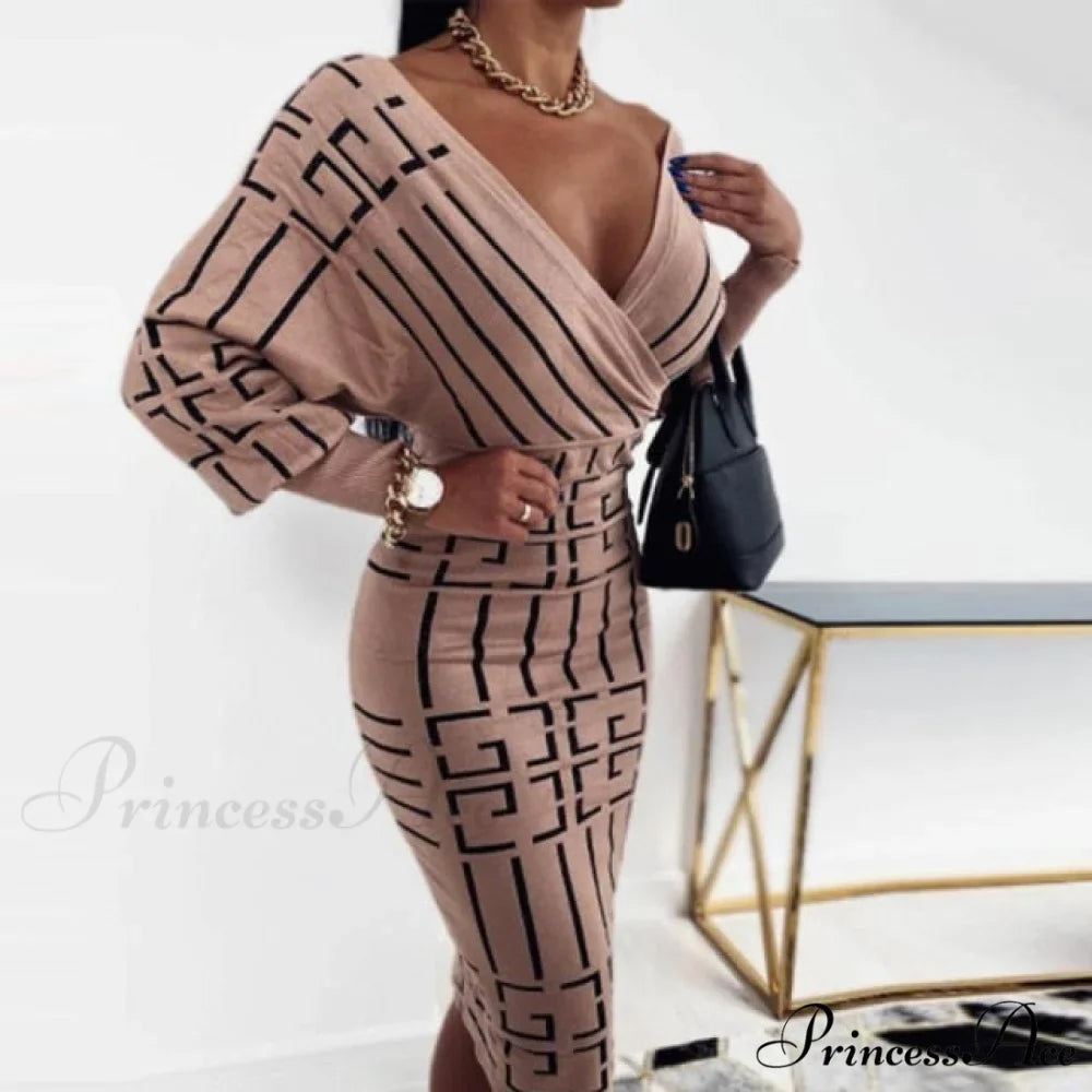 Sexy Deep V Neck Office Lady Long Sleeve Dress