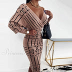 Sexy Deep V Neck Office Lady Long Sleeve Dress