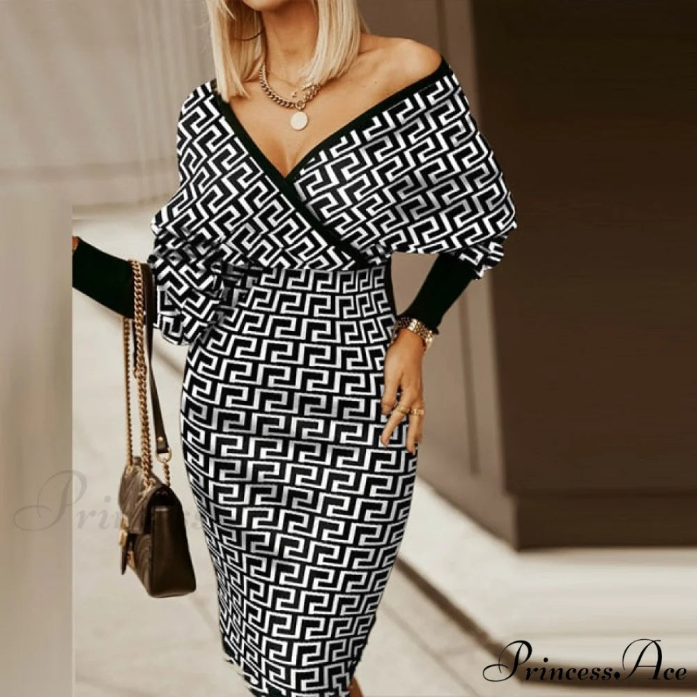 Sexy Deep V Neck Office Lady Long Sleeve Dress