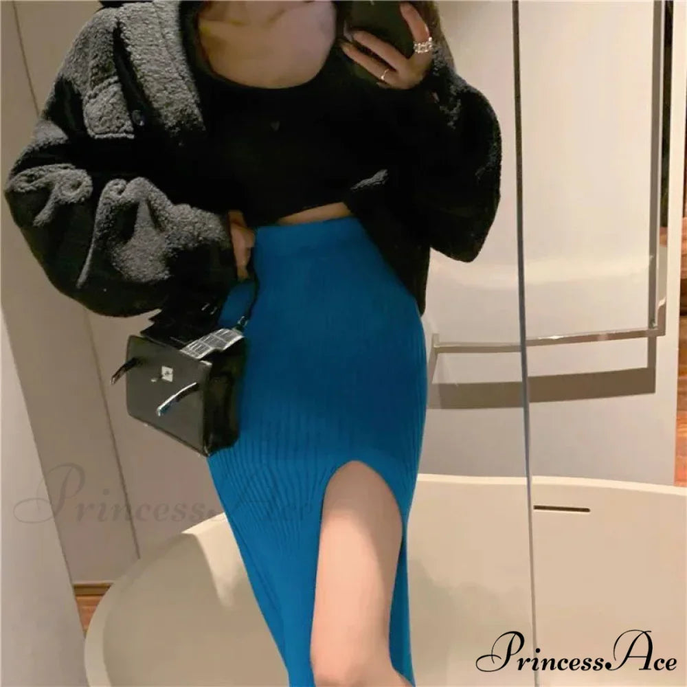 Sexy Elegant Slim Fit High-Waisted Knitted Chic Autumn Winter Midi Skirt