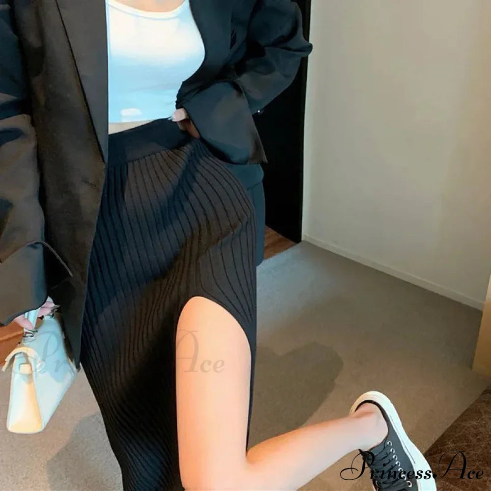 Sexy Elegant Slim Fit High-Waisted Knitted Chic Autumn Winter Midi Skirt