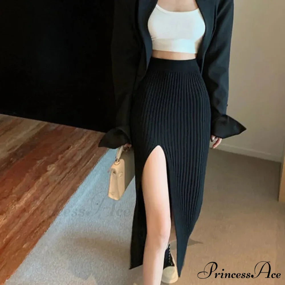Sexy Elegant Slim Fit High-Waisted Knitted Chic Autumn Winter Midi Skirt