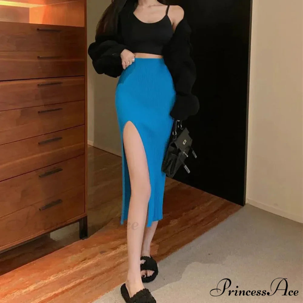 Sexy Elegant Slim Fit High-Waisted Knitted Chic Autumn Winter Midi Skirt