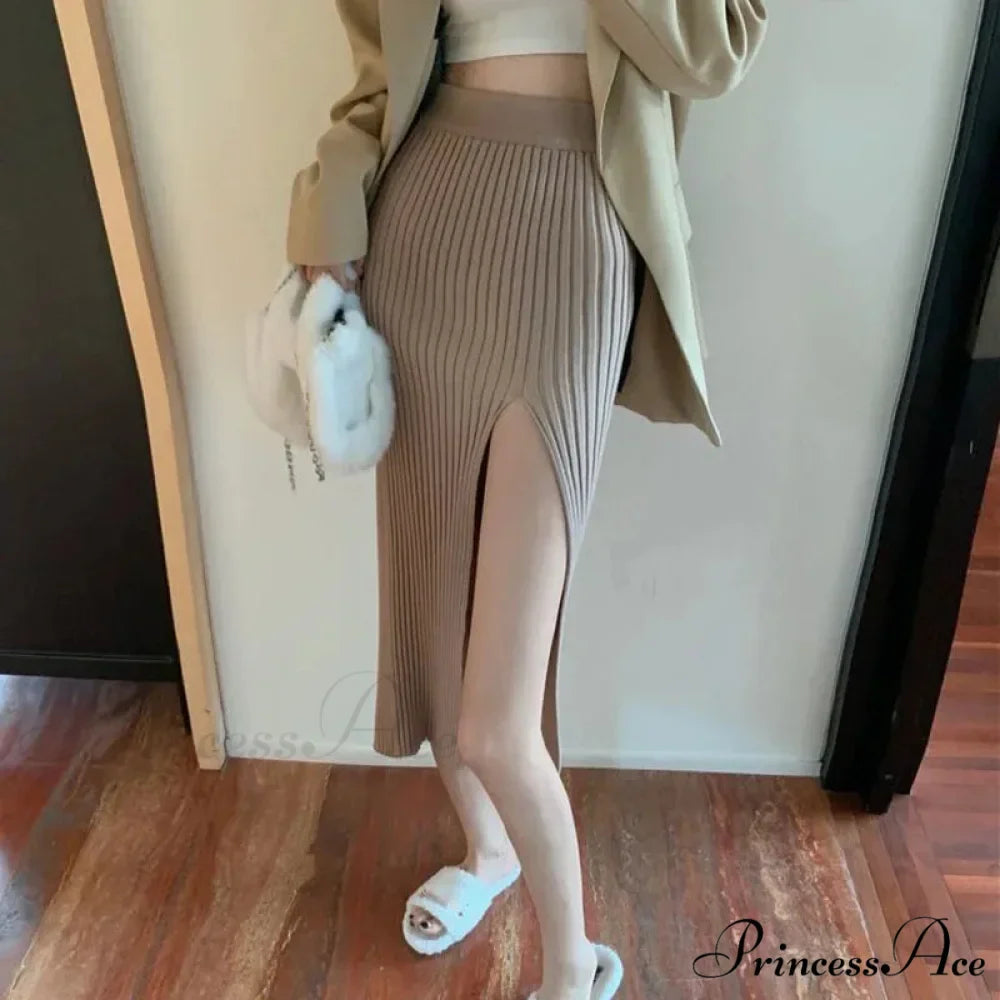 Sexy Elegant Slim Fit High-Waisted Knitted Chic Autumn Winter Midi Skirt