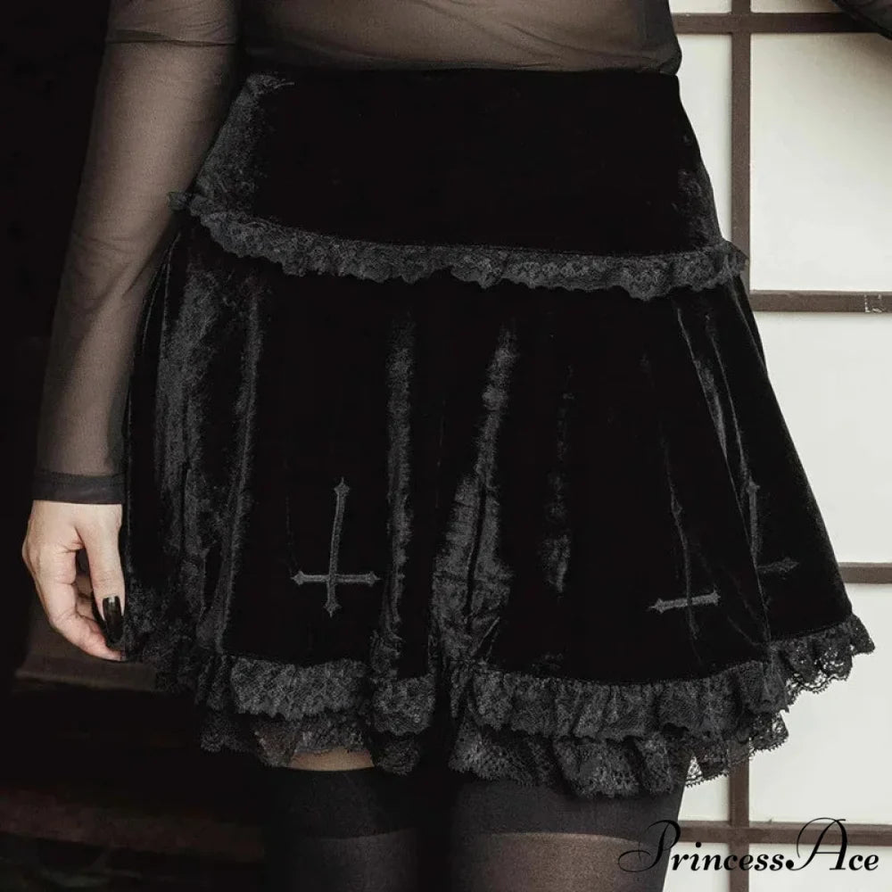 Sexy Fashion Summer Embroidery Black Gothic Casual Stylish Lace Trim Skirt