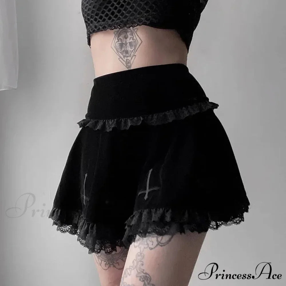 Sexy Fashion Summer Embroidery Black Gothic Casual Stylish Lace Trim Skirt