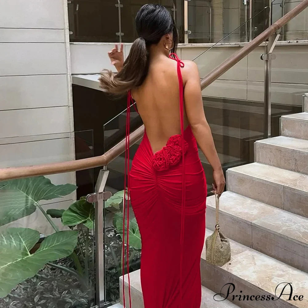 Sexy Floral-applique Backless Elegant Maxi Christmas Party Dress