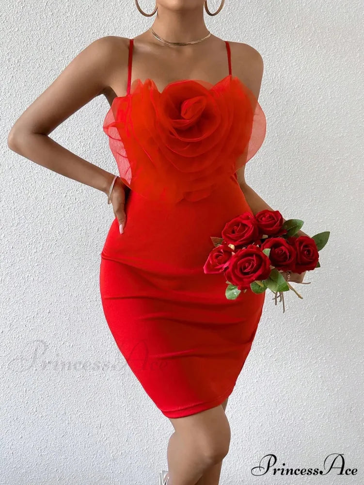 Sexy Floral Cami Braces Backless Red Christmas Party Dress