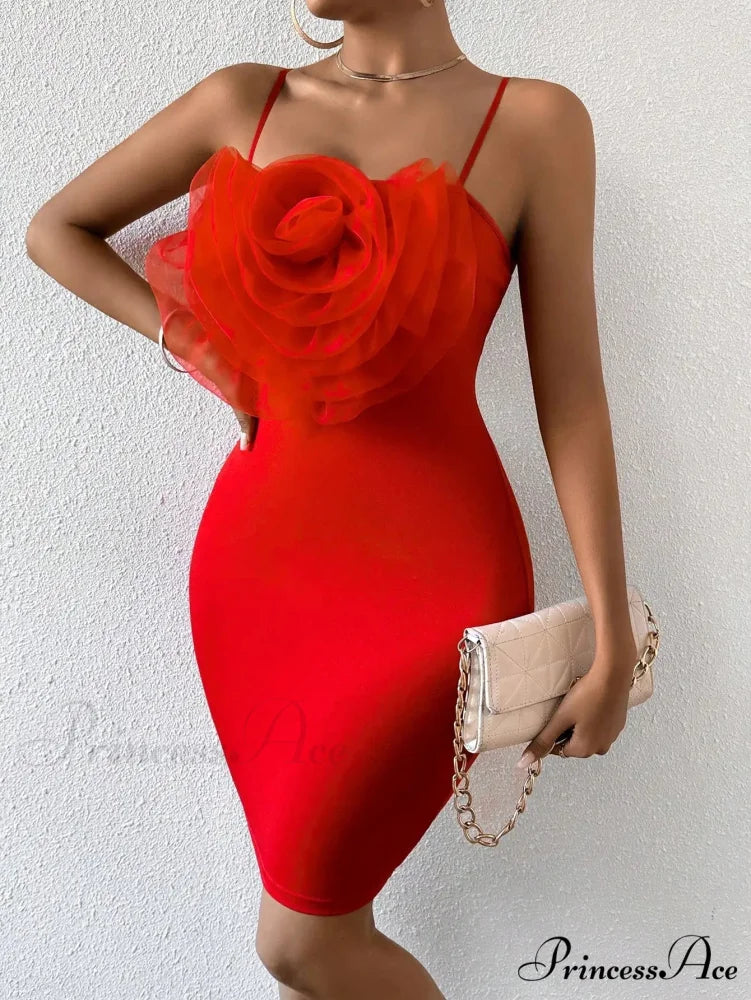 Sexy Floral Cami Braces Backless Red Christmas Party Dress