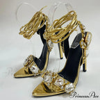 Sexy Golded Ankle-Strap Crystal Diamond Pointed-Toe Sandals Wedding Nightclub High Quality Stripper High Heel