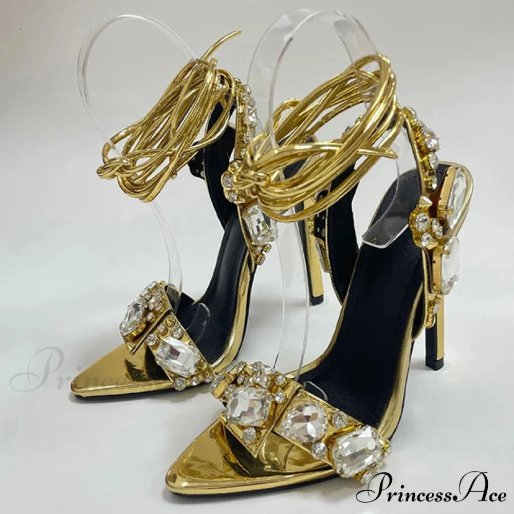 Sexy Golded Ankle-Strap Crystal Diamond Pointed-Toe Sandals Wedding Nightclub High Quality Stripper High Heel