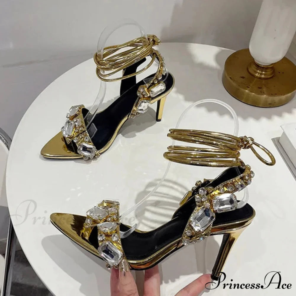 Sexy Golded Ankle-Strap Crystal Diamond Pointed-Toe Sandals Wedding Nightclub High Quality Stripper High Heel