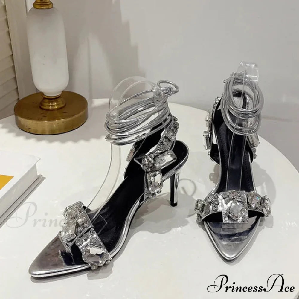 Sexy Golded Ankle-Strap Crystal Diamond Pointed-Toe Sandals Wedding Nightclub High Quality Stripper High Heel