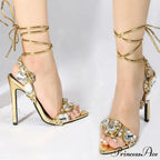 Sexy Golded Ankle-Strap Crystal Diamond Pointed-Toe Sandals Wedding Nightclub High Quality Stripper High Heel