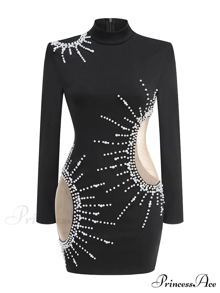 Sexy Half High Collar Hollow Out Pearl Mini Black Christmas Party Dress