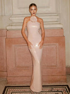 Sexy Halter 3D Flowers Sequins Long Dress Sleeveless Backless Christmas Party Dress