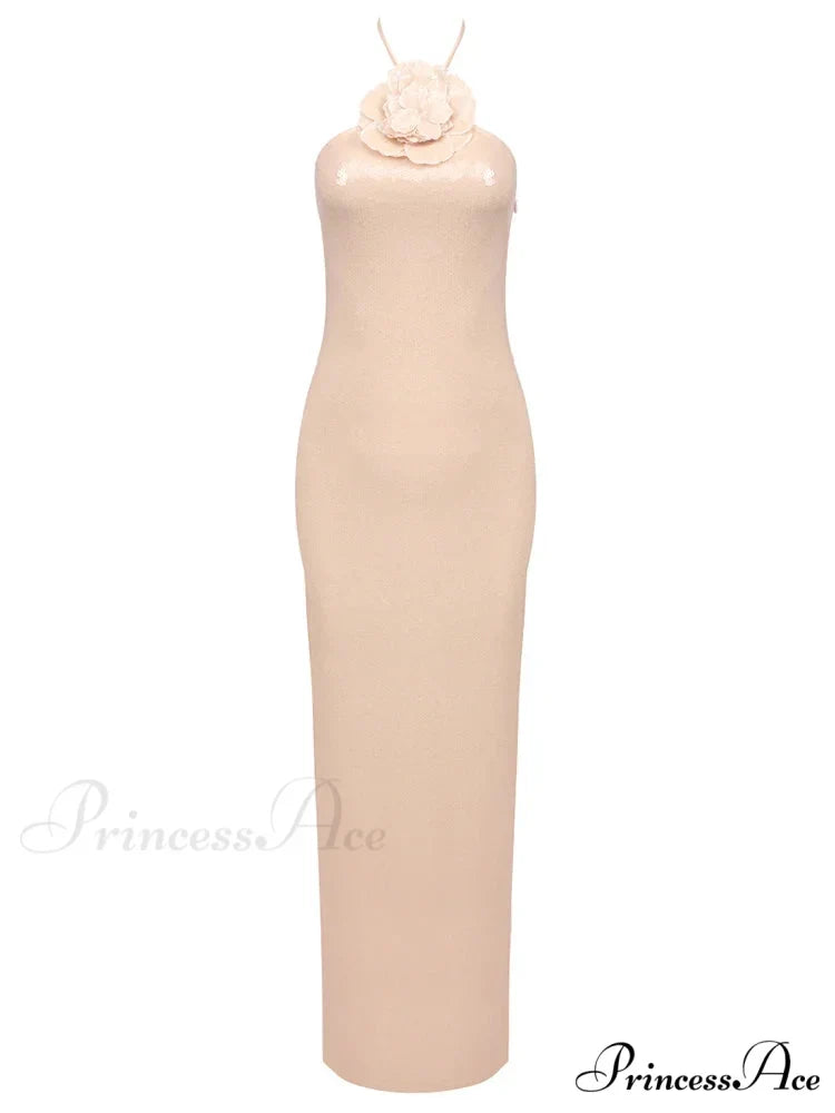 Sexy Halter 3D Flowers Sequins Long Dress Sleeveless Backless Christmas Party Dress