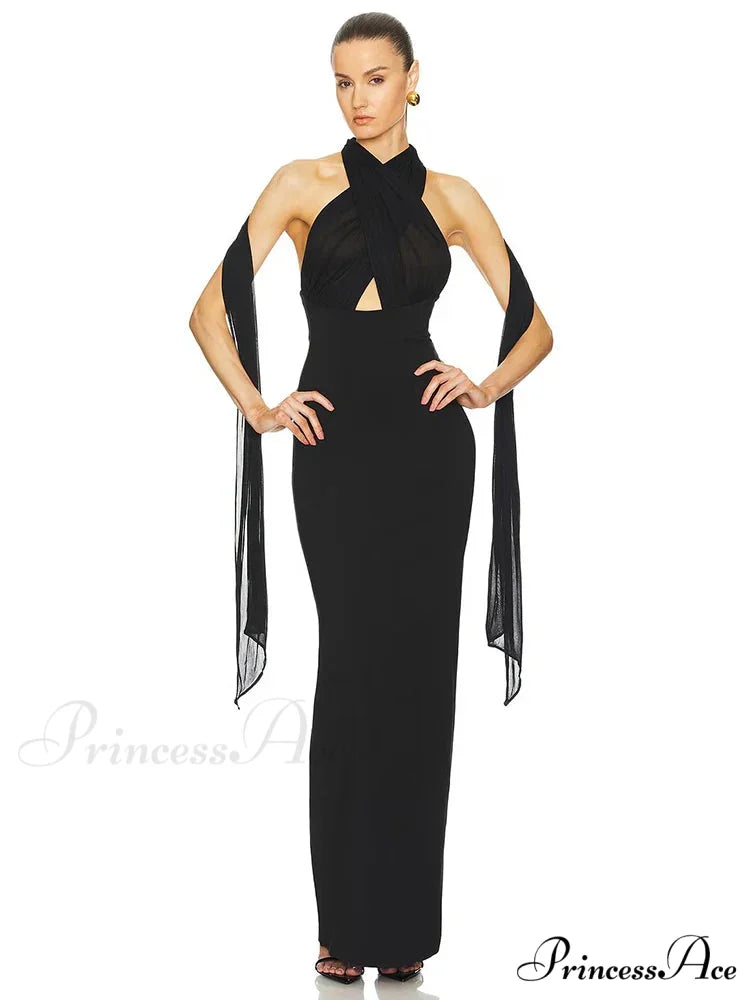 Sexy Halter Backless Mesh Patchwork Black Sleeveless Bodycon Christmas Party Dress