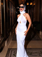 Sexy Halter Backless Mesh Patchwork Black Sleeveless Bodycon Christmas Party Dress