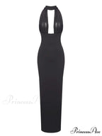 Sexy Halter Backless Mesh Patchwork Black Sleeveless Bodycon Christmas Party Dress