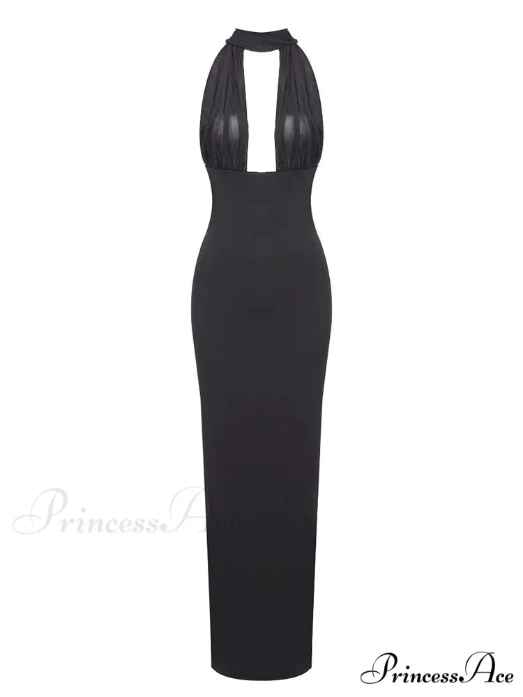 Sexy Halter Backless Mesh Patchwork Black Sleeveless Bodycon Christmas Party Dress